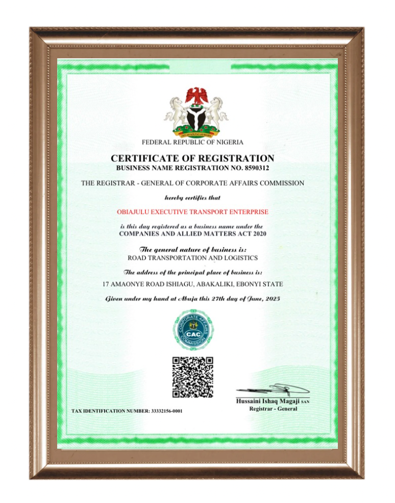 OBJ Transports Business Certificate